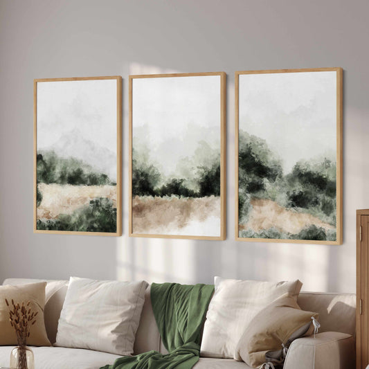 Printed Abstract Green Landscape Set of 3 Prints
