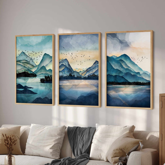 Printed 3 Piece Colorful Watercolor Mountain Wall Art, Nature Wall Art Poster Print