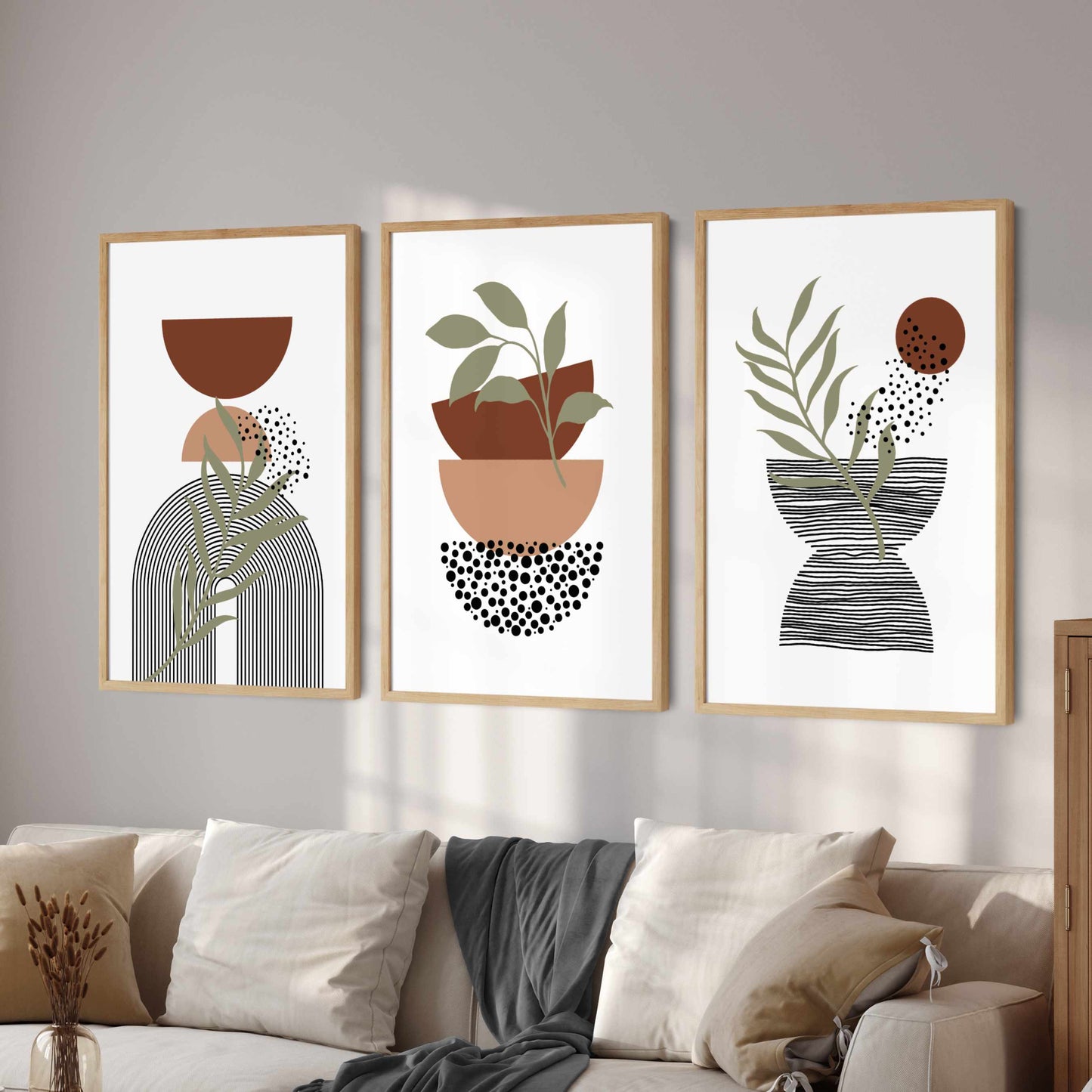 Printed 3 Piece Boho Wall Art, Terracotta Abstract Wall Art Poster Print