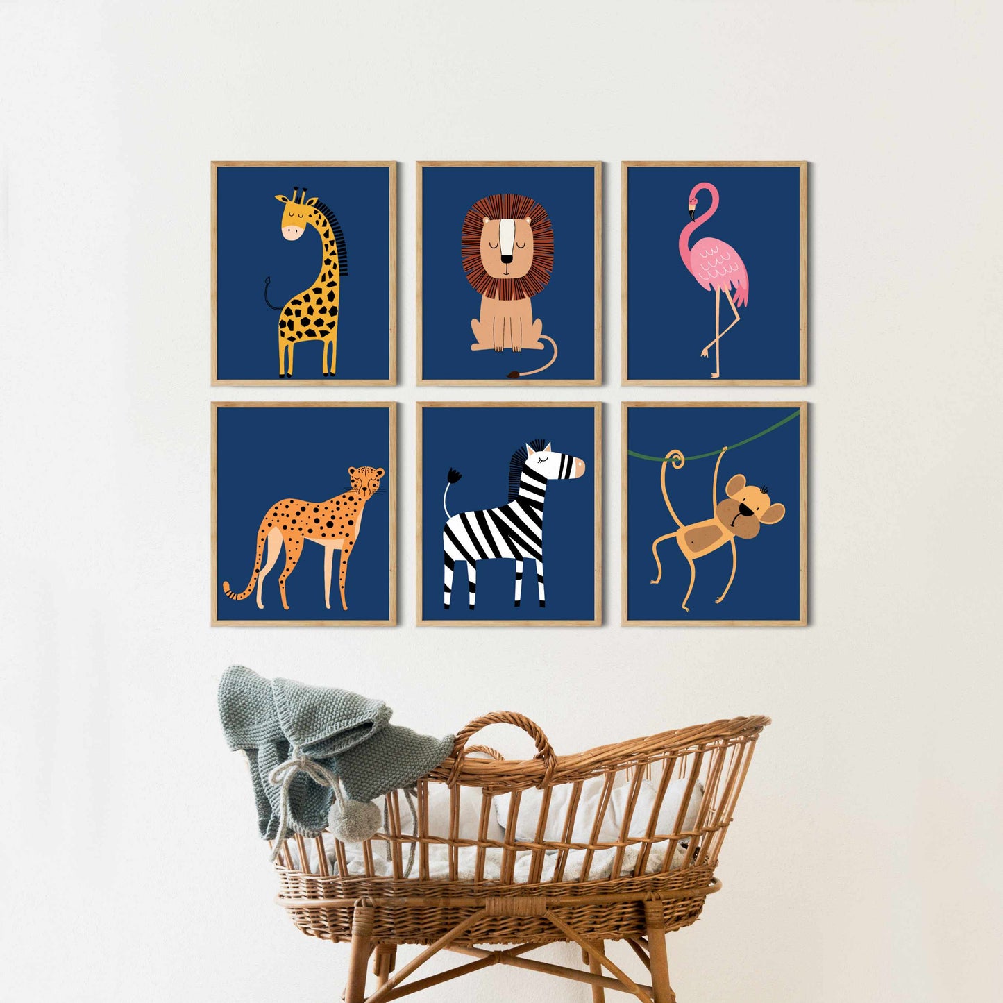 Printed Safari Nursery Wall Art Set of 6 Prints, Navy Blue Nursery Art
