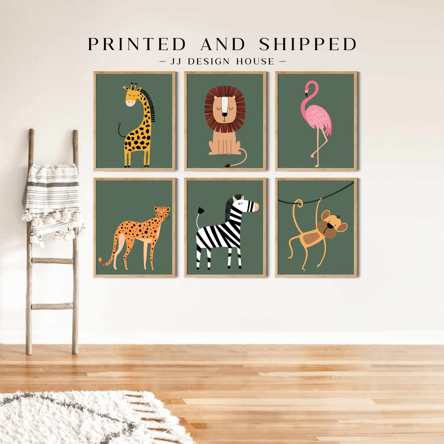 Printed Safari Nursery Wall Art Set of 6 Prints, Sage Green Nursery Art