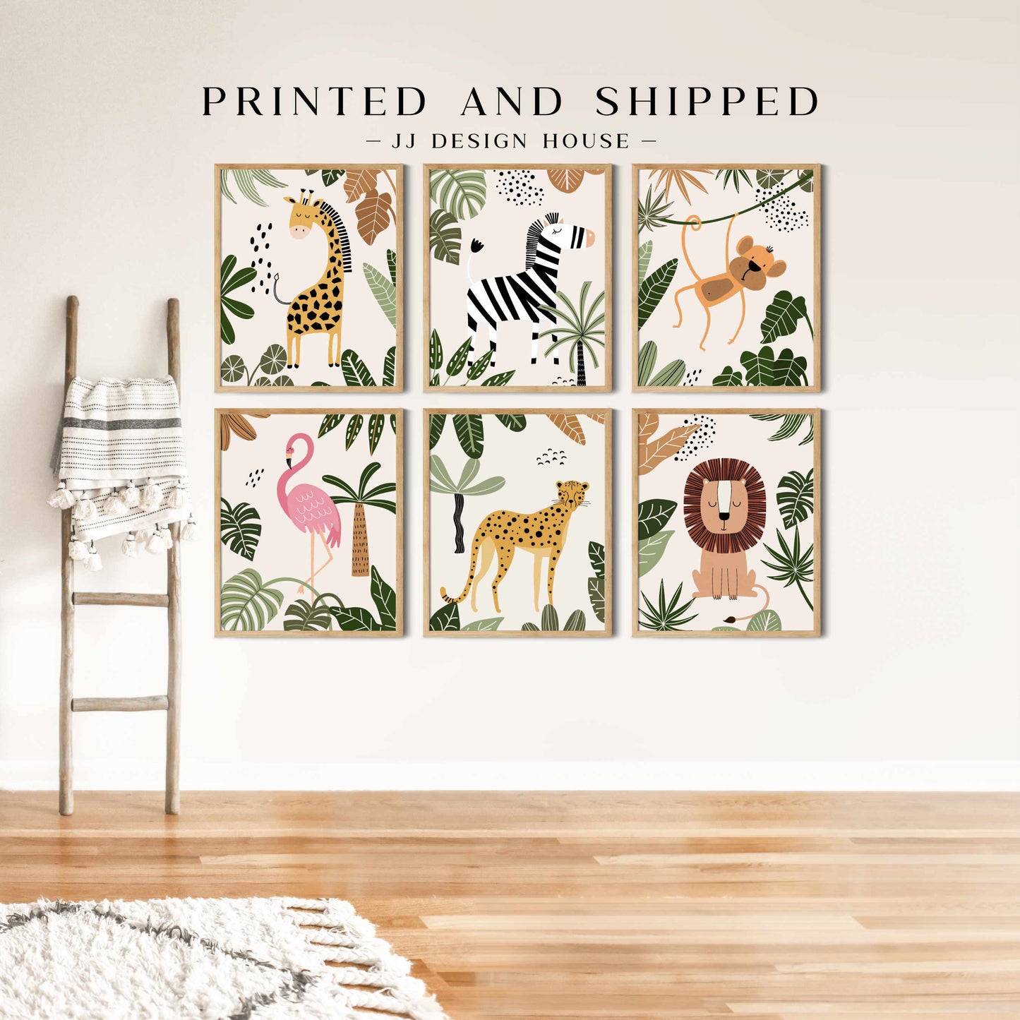 Printed Safari Nursery Wall Art Set of 6 Prints, Green Nursery Art