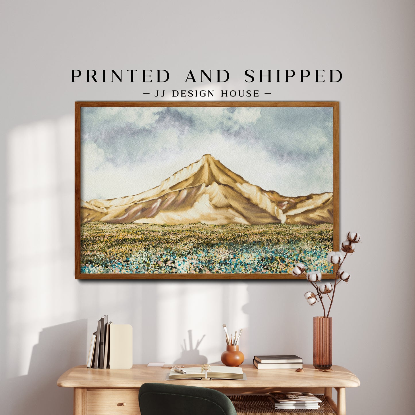 Printed Field of Flowrs Watercolor Mountain Wall Art