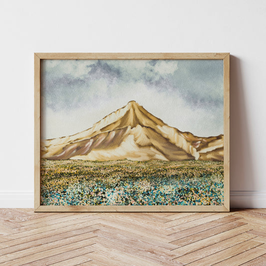 Printed Field of Flowrs Watercolor Mountain Wall Art
