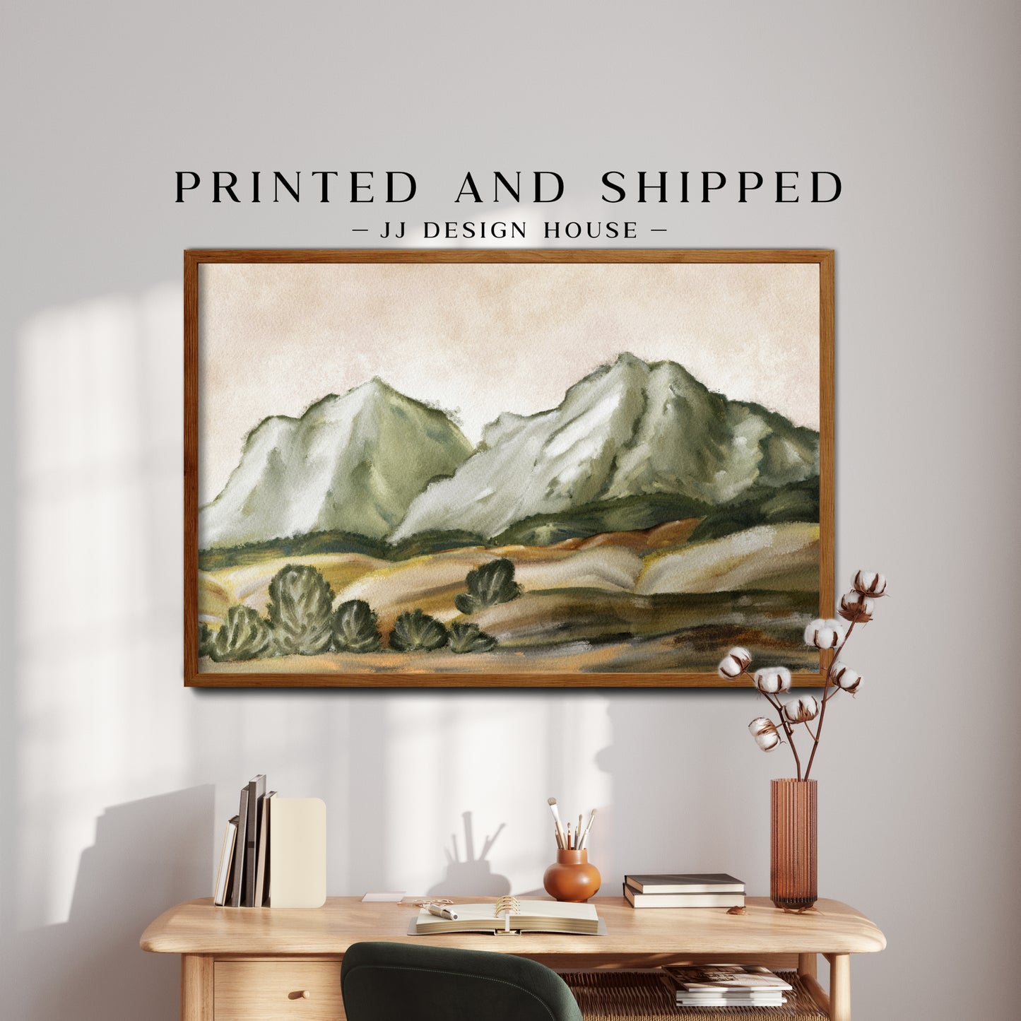 Printed Sage Green Watercolor Mountain Wall Art