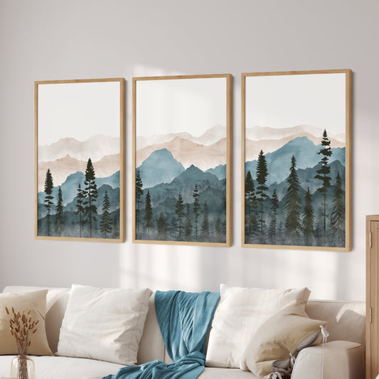 Printed Blue Mountain Landscape Set of 3 Prints