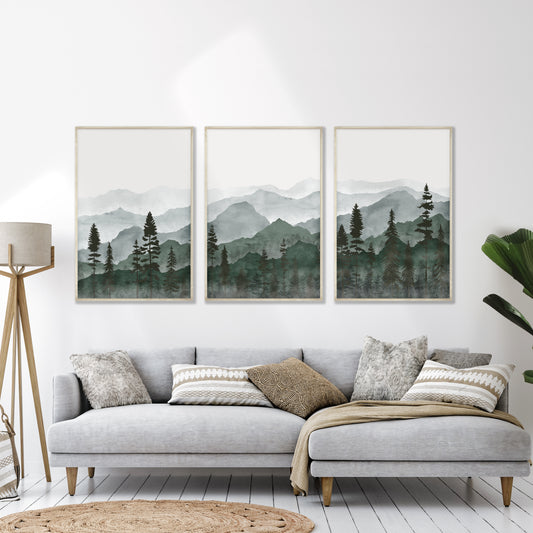 Printed Green Mountain Landscape Set of 3 Prints