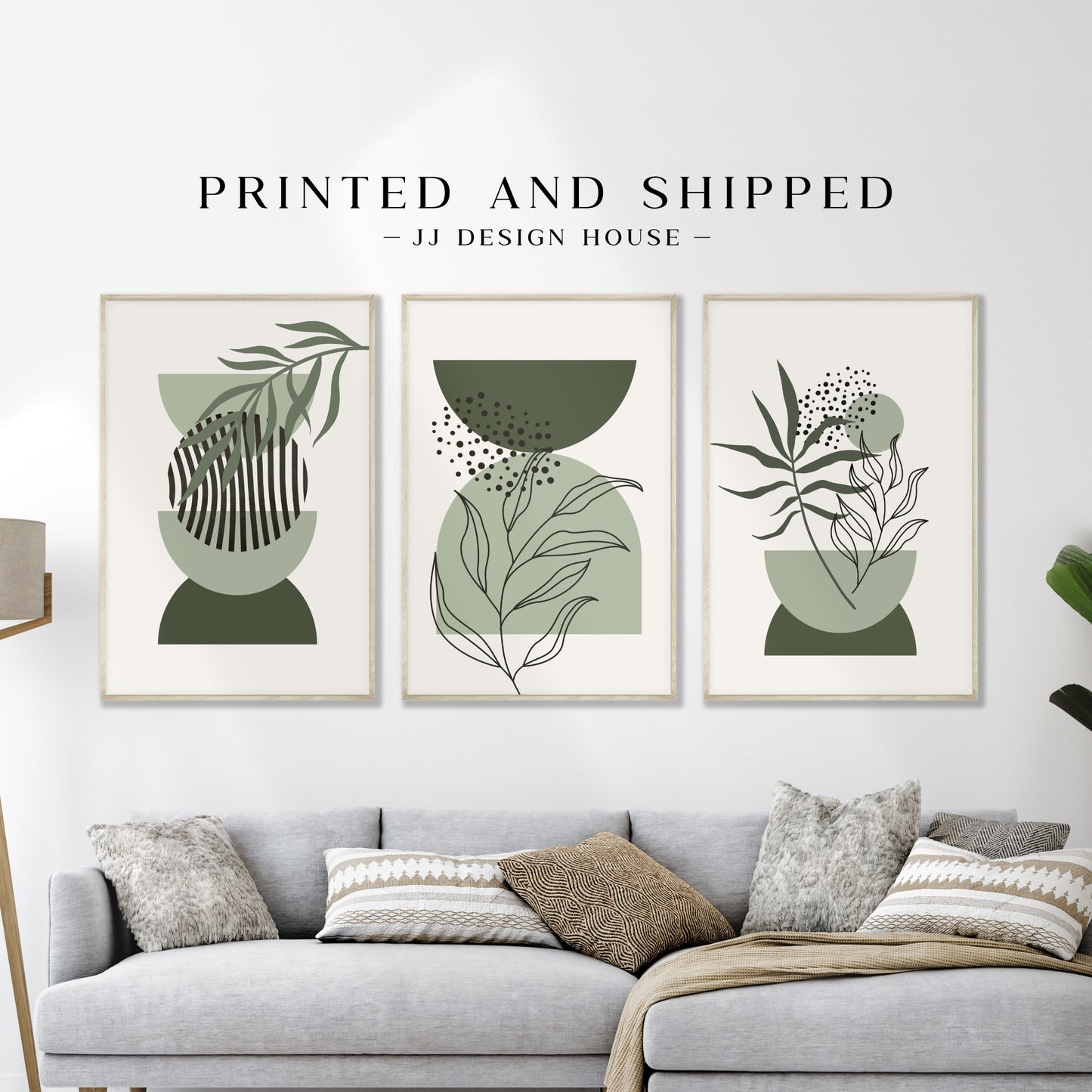 Printed Sage Green Boho Wall Art Set of 3