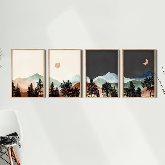Printed Sun and Moon Landscape Wall Art Set of 4 Prints
