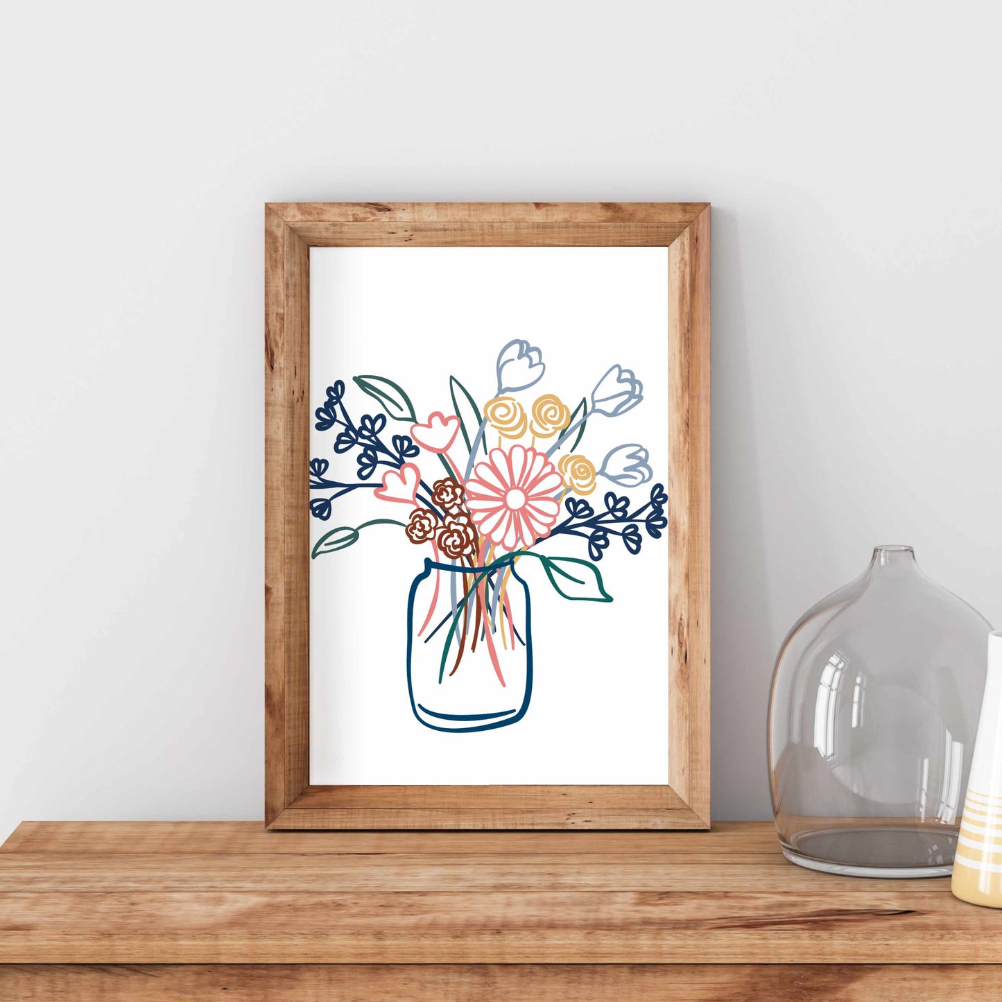 Printed Colorful Flowers Line Art