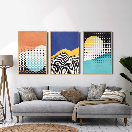 Printed Colorful Mid Century Modern Wall Art Set of 3 Prints