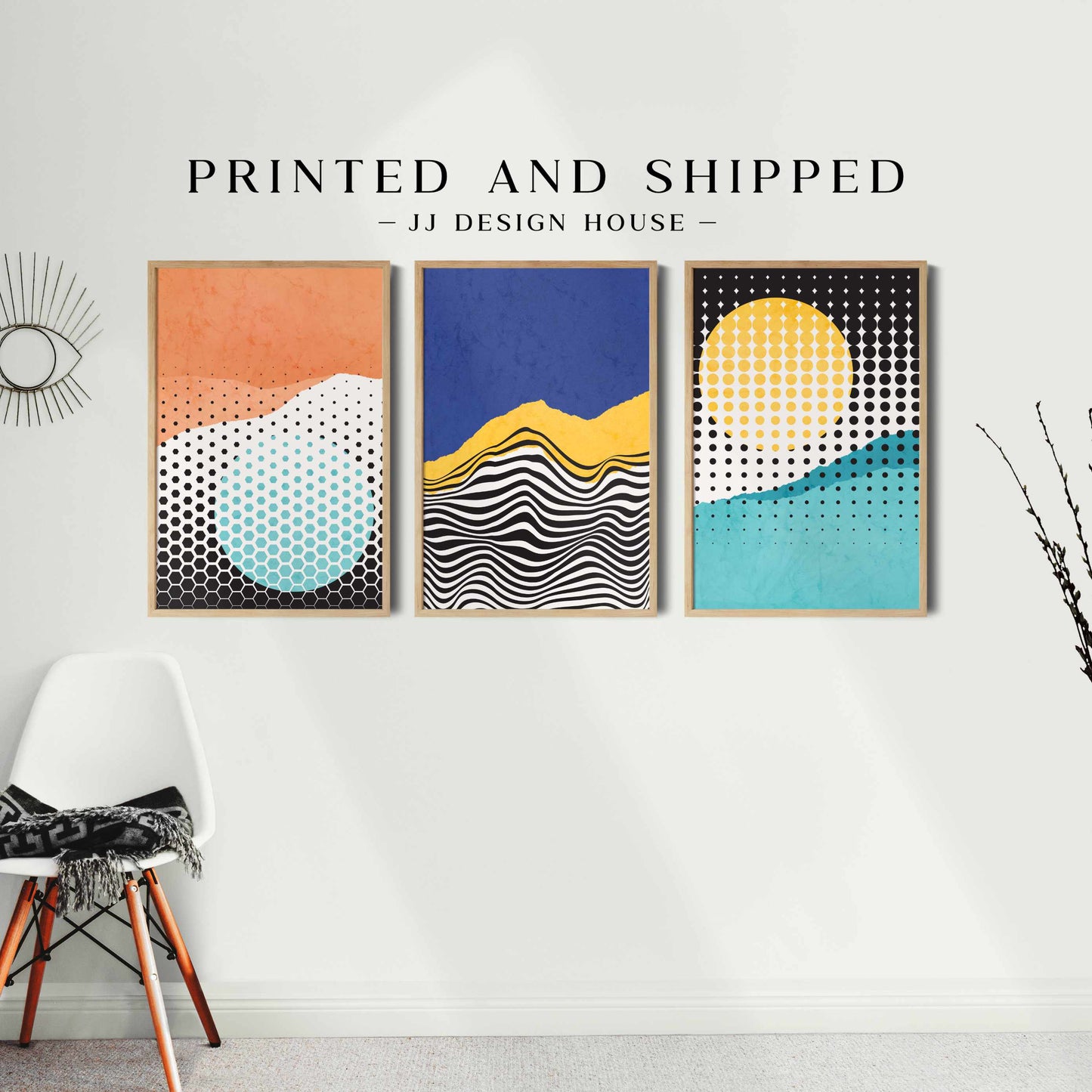 Printed Colorful Mid Century Modern Wall Art Set of 3 Prints