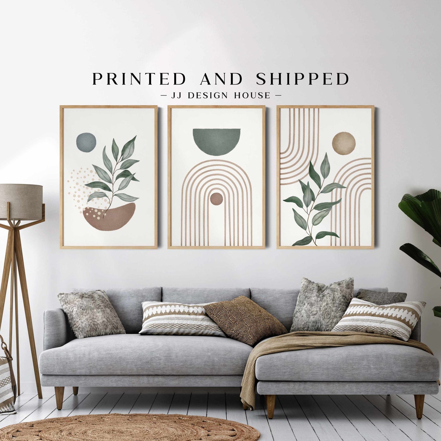 Printed Sage Green Mid Century Modern Wall Art Set of 3 Prints