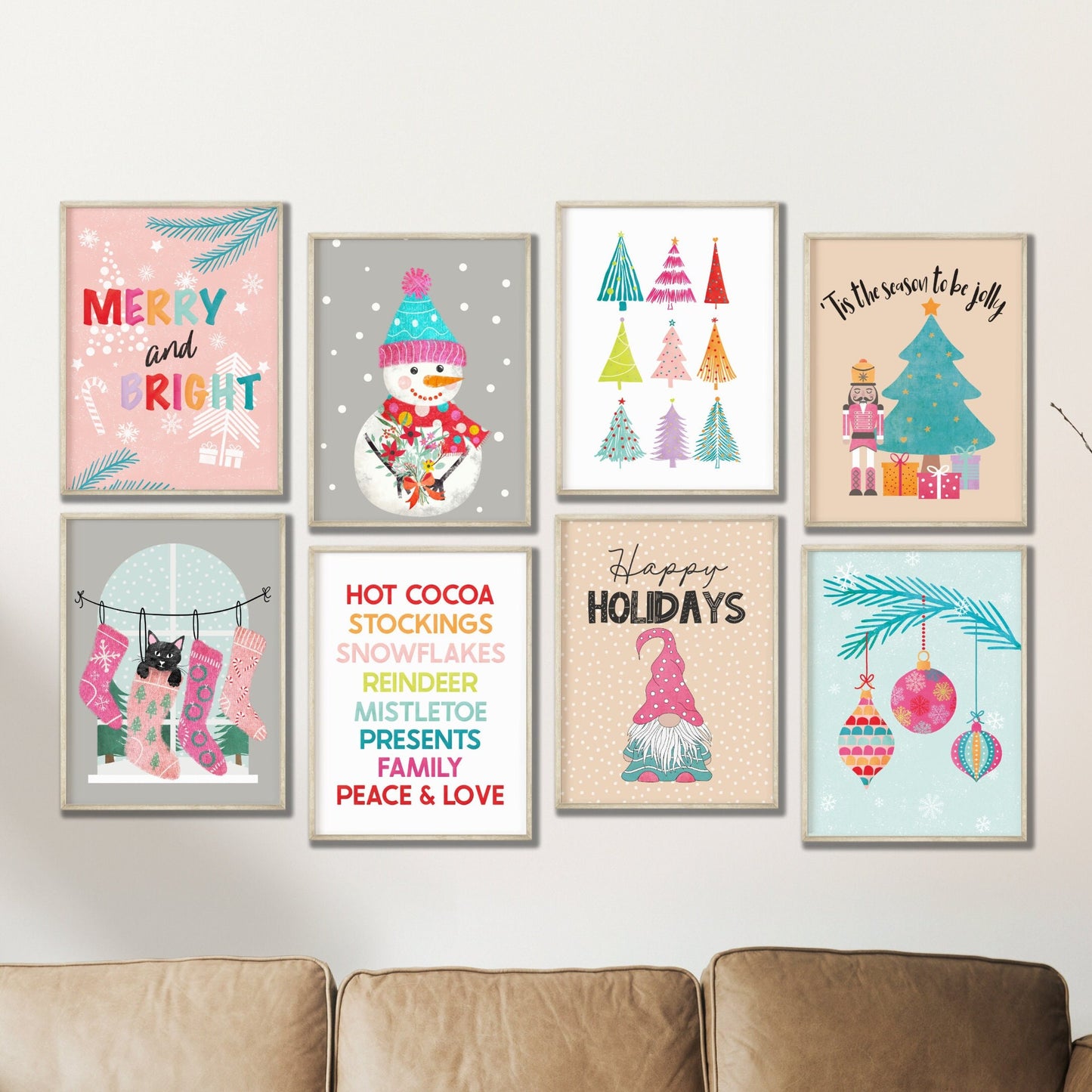 Printed Christmas Wall Art, Pink Christmas Prints, Boho Christmas Decor