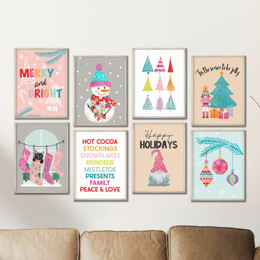 Printed Christmas Wall Art, Pink Christmas Prints, Boho Christmas Decor