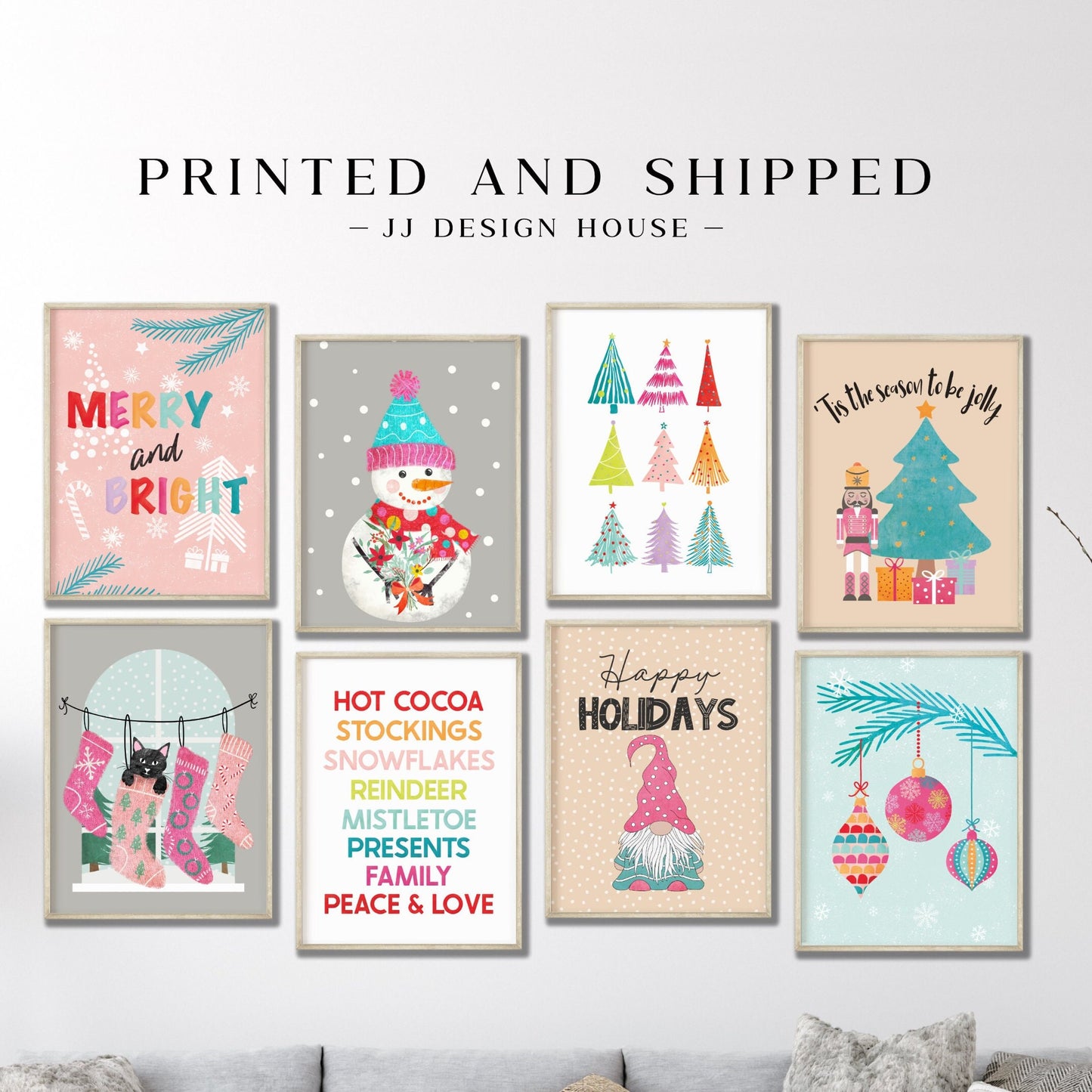 Printed Christmas Wall Art, Pink Christmas Prints, Boho Christmas Decor