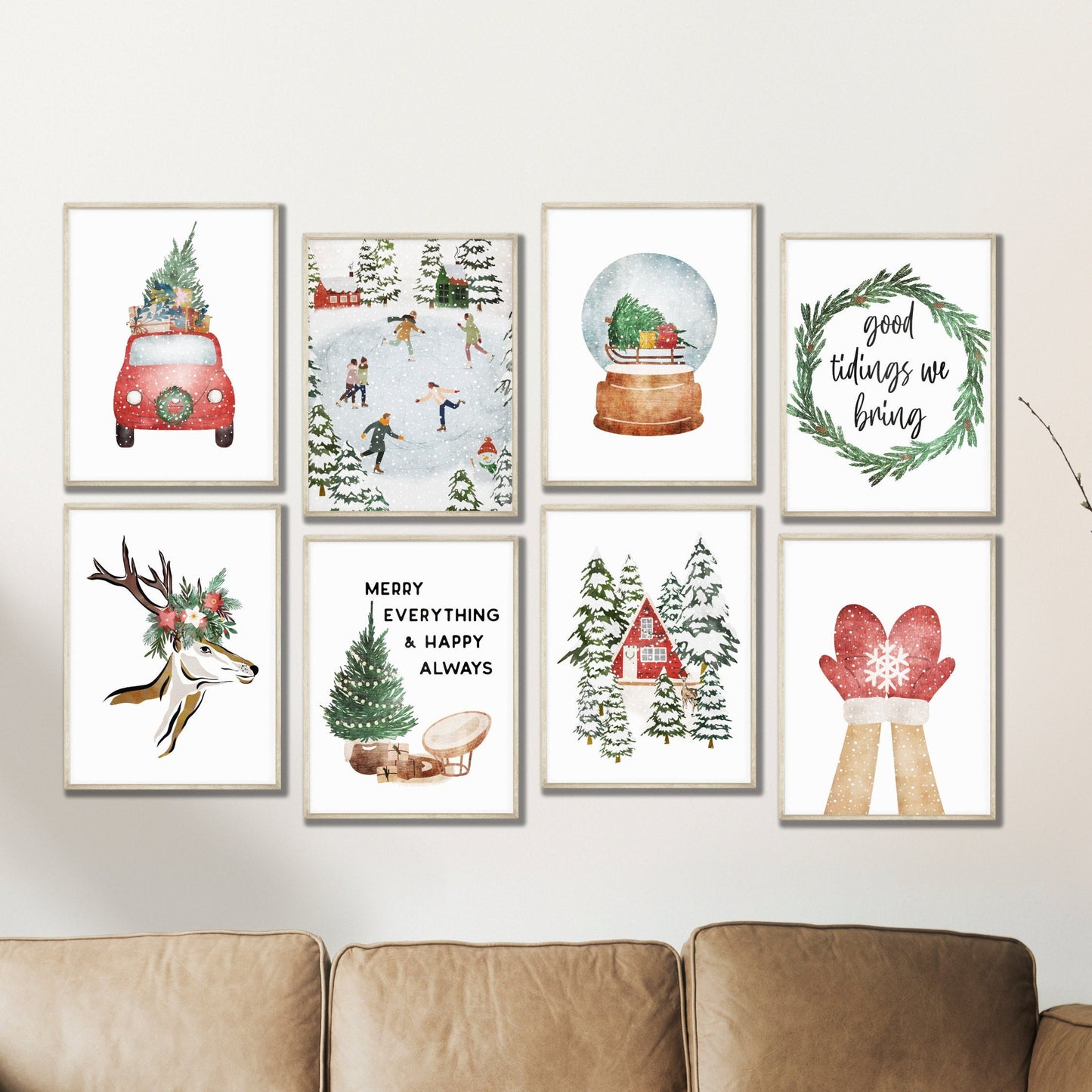 Printable Christmas Art, Gallery Wall Set of 8, Christmas Wall Art Downloadable Prints