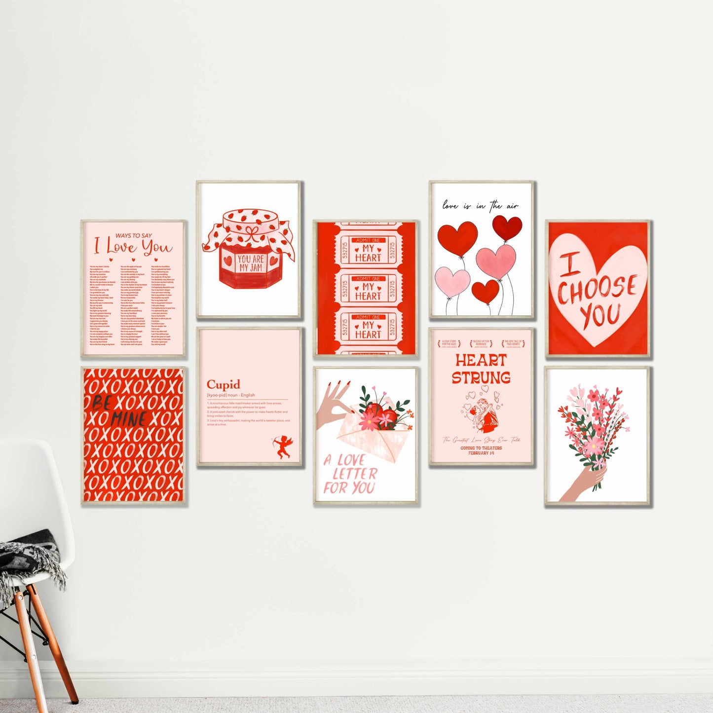 Printable Valentines Decor Printables Set of 10 - Couple Love Pink Red Wall Art