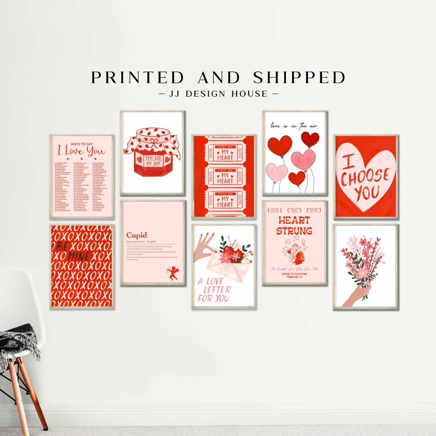 Printed Valentines Day Decor - Romantic Wall Art for Couples in Red and Pink