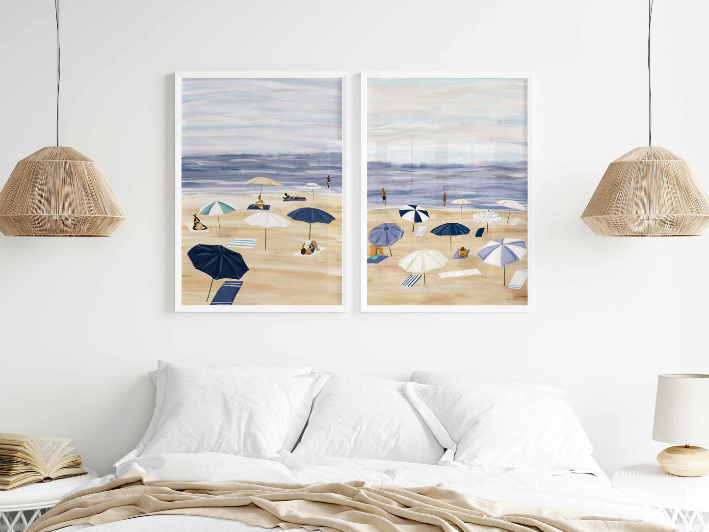 Printed Beach Wall Art - Coastal Decor with Beach Umbrellas Painting