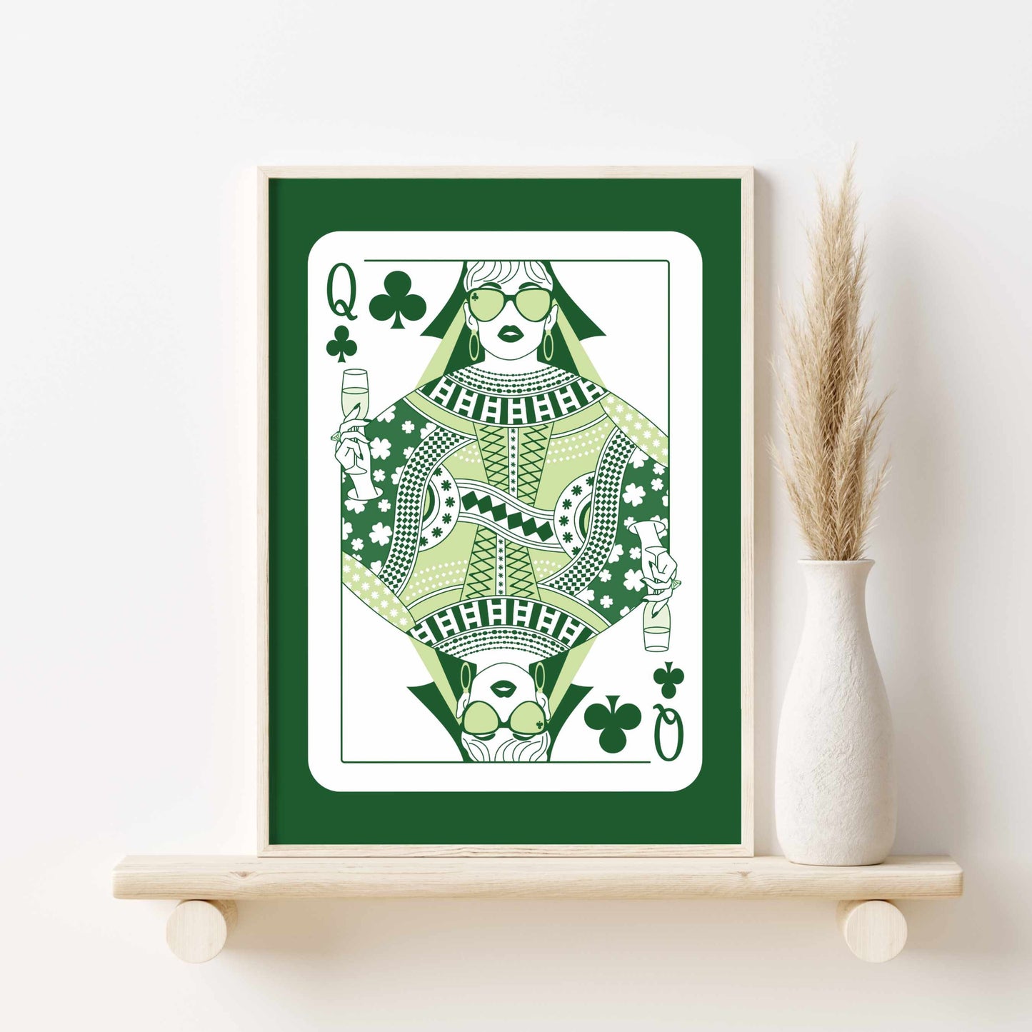 Printed Queen of Clubs Wall Art Green Decor