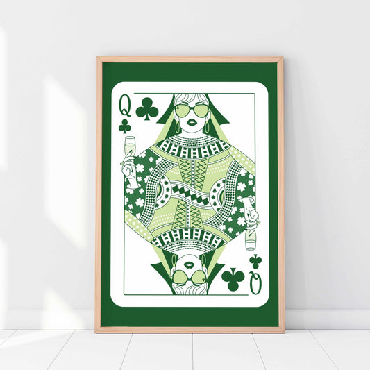 Printed Queen of Clubs Wall Art Green Decor