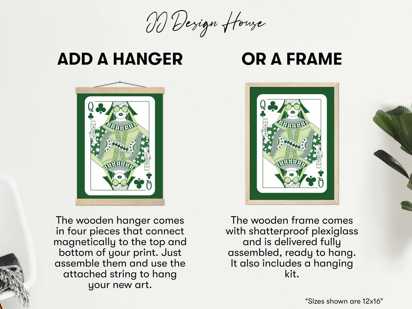 Printed Queen of Clubs Wall Art Green Decor