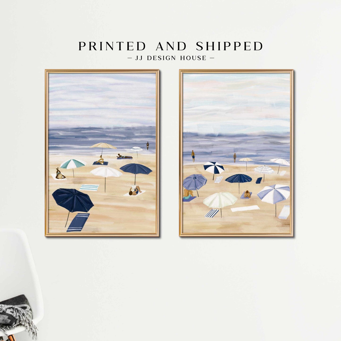 Printed Beach Wall Art - Coastal Decor with Beach Umbrellas Painting