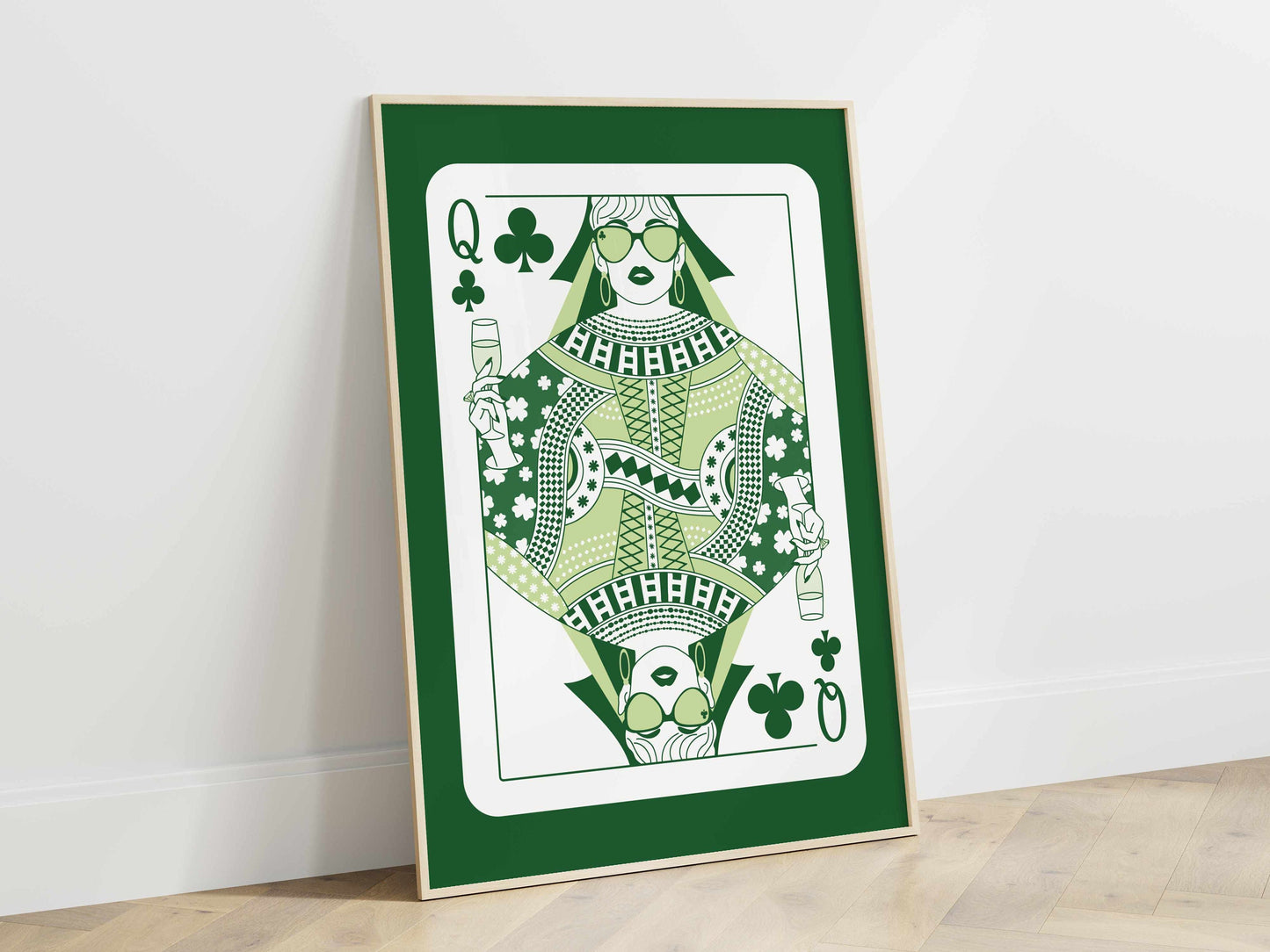Printed Queen of Clubs Wall Art Green Decor
