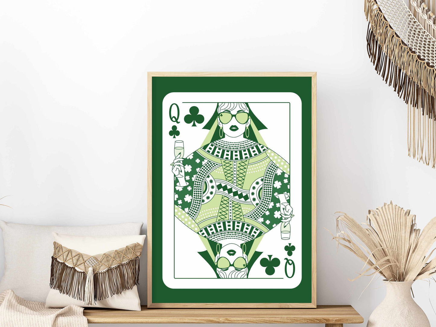 Printed Queen of Clubs Wall Art Green Decor