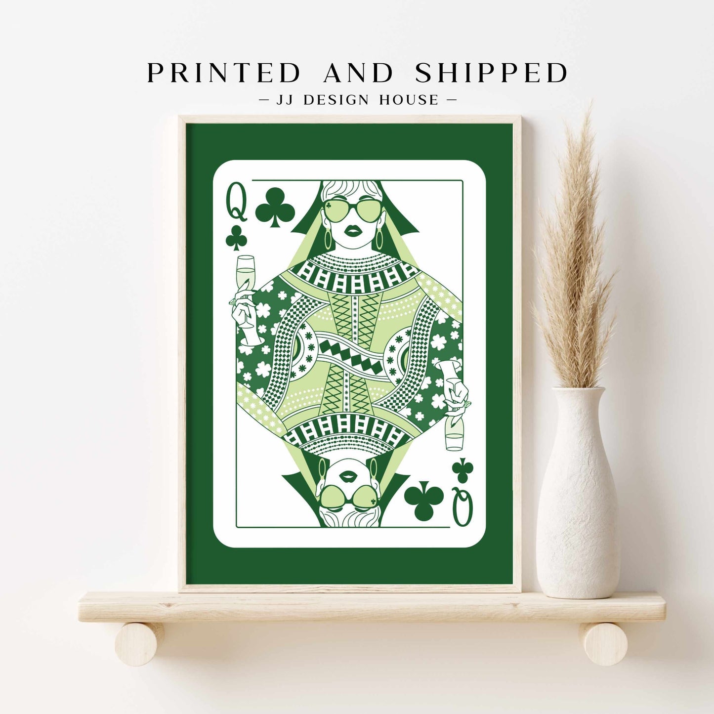 Printed Queen of Clubs Wall Art Green Decor
