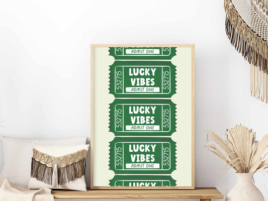 Printed Lucky Vibes Ticket Wall Art Green Decor