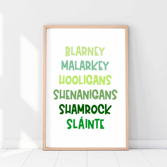 Printed Funny Irish Words Wall Art Green Decor