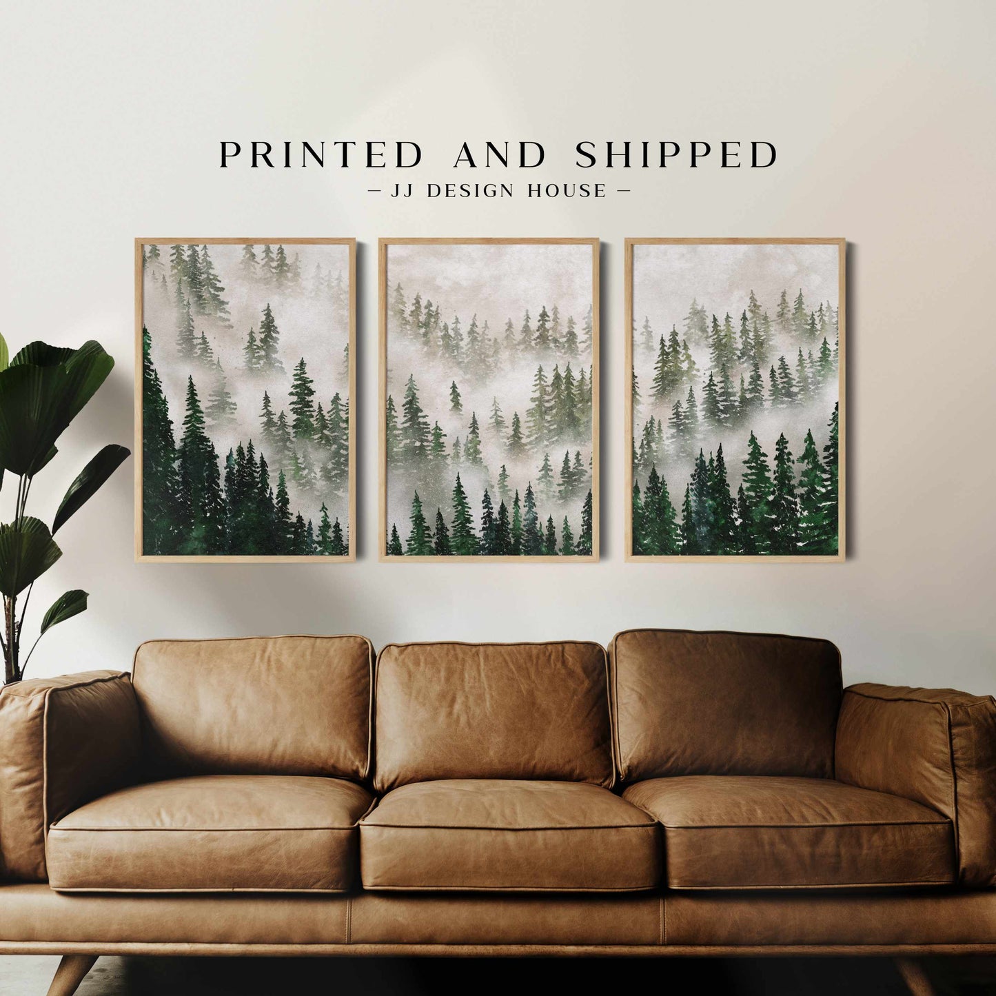 Printed Misty Green Forest Wall Art Set of 3 Prints