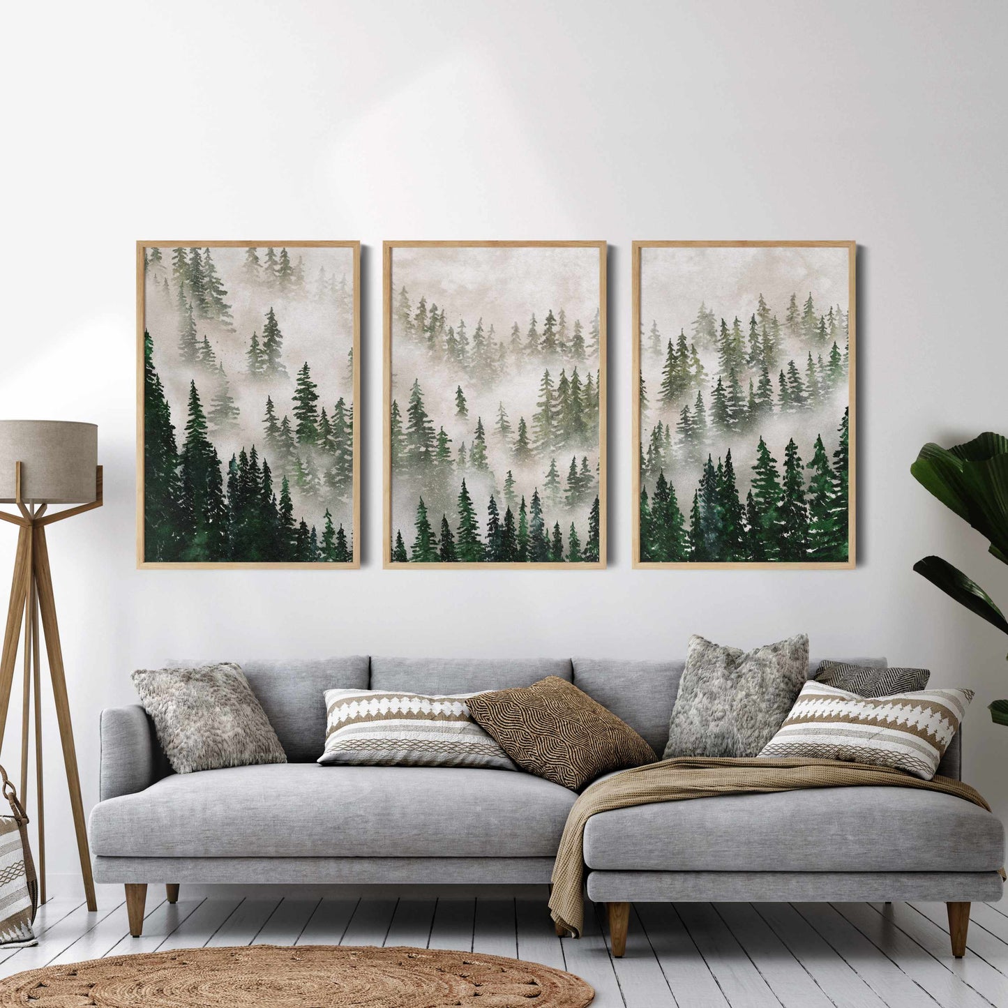 Printed Misty Green Forest Wall Art Set of 3 Prints