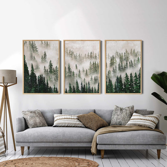 Printed Misty Green Forest Wall Art Set of 3 Prints