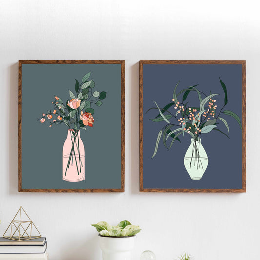 Printed Dark Botanical Vase Wall Art Set of 2