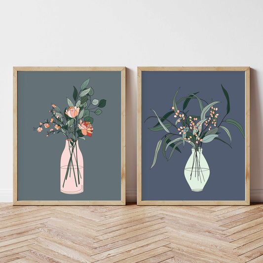 Printable Dark Botanical Vase Wall Art Print Set of 2