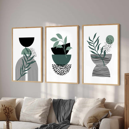 Printed 3 Piece Boho Wall Art, Green Abstract Wall Art Poster Print