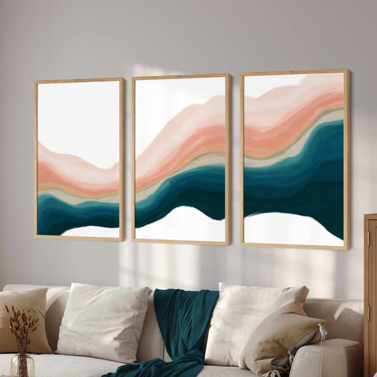 Printable Teal Abstract Wall Art Printable Set of 3, Blue Orange Pink Wall Art