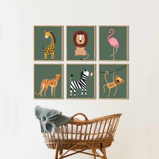 Printed Safari Nursery Wall Art Set of 6 Prints, Sage Green Nursery Art
