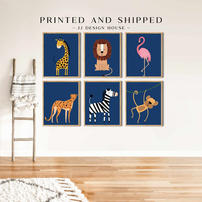 Printed Safari Nursery Wall Art Set of 6 Prints, Navy Blue Nursery Art