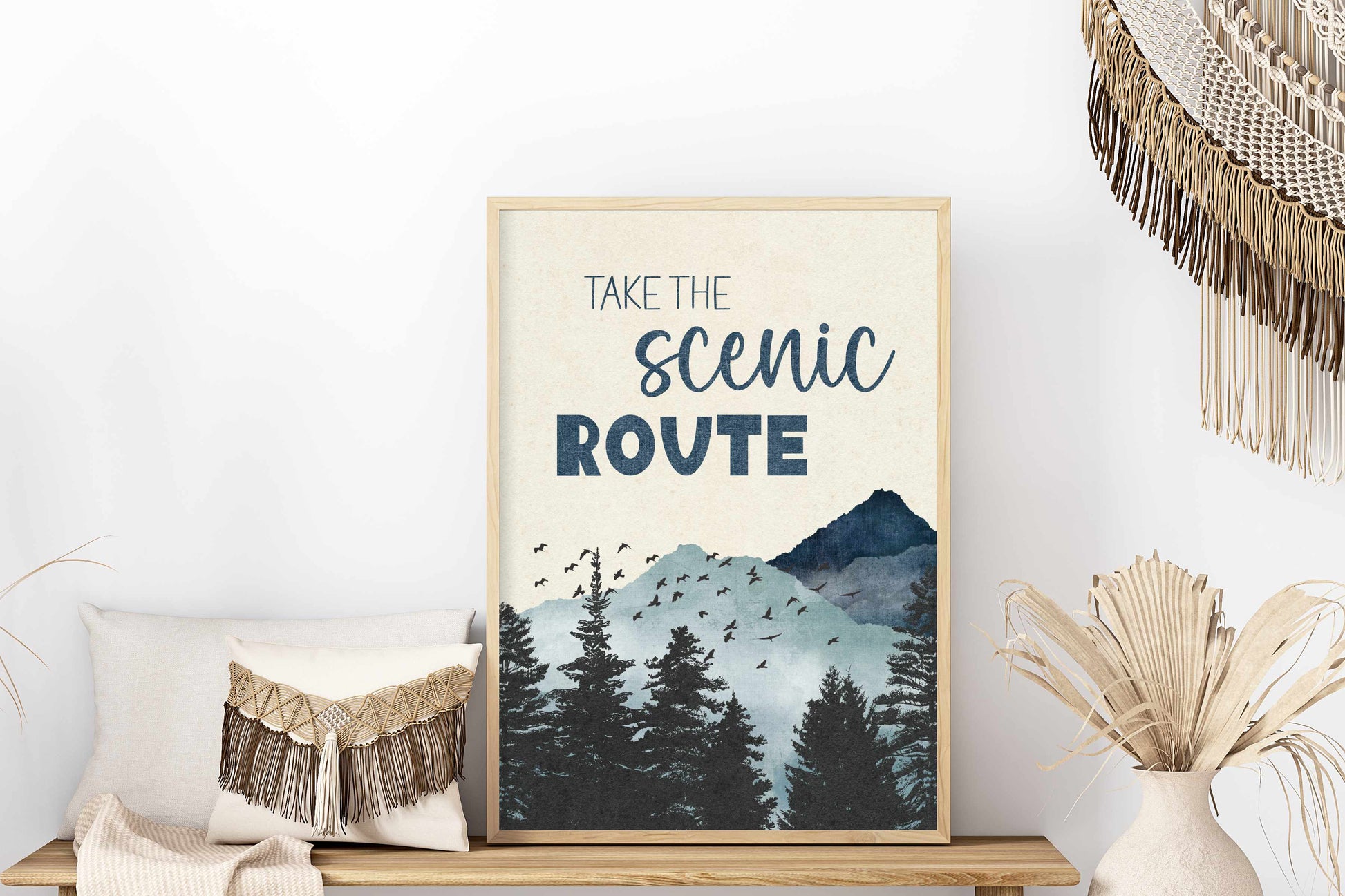 a picture of a mountain scene with the words, take the scenic route