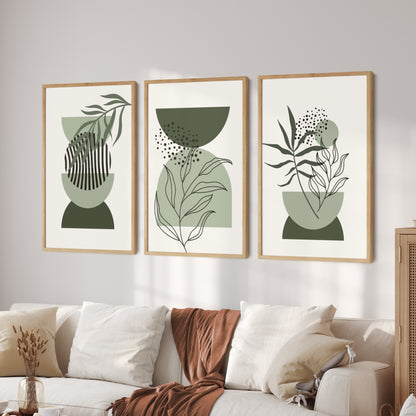 Printed Sage Green Boho Wall Art Set of 3