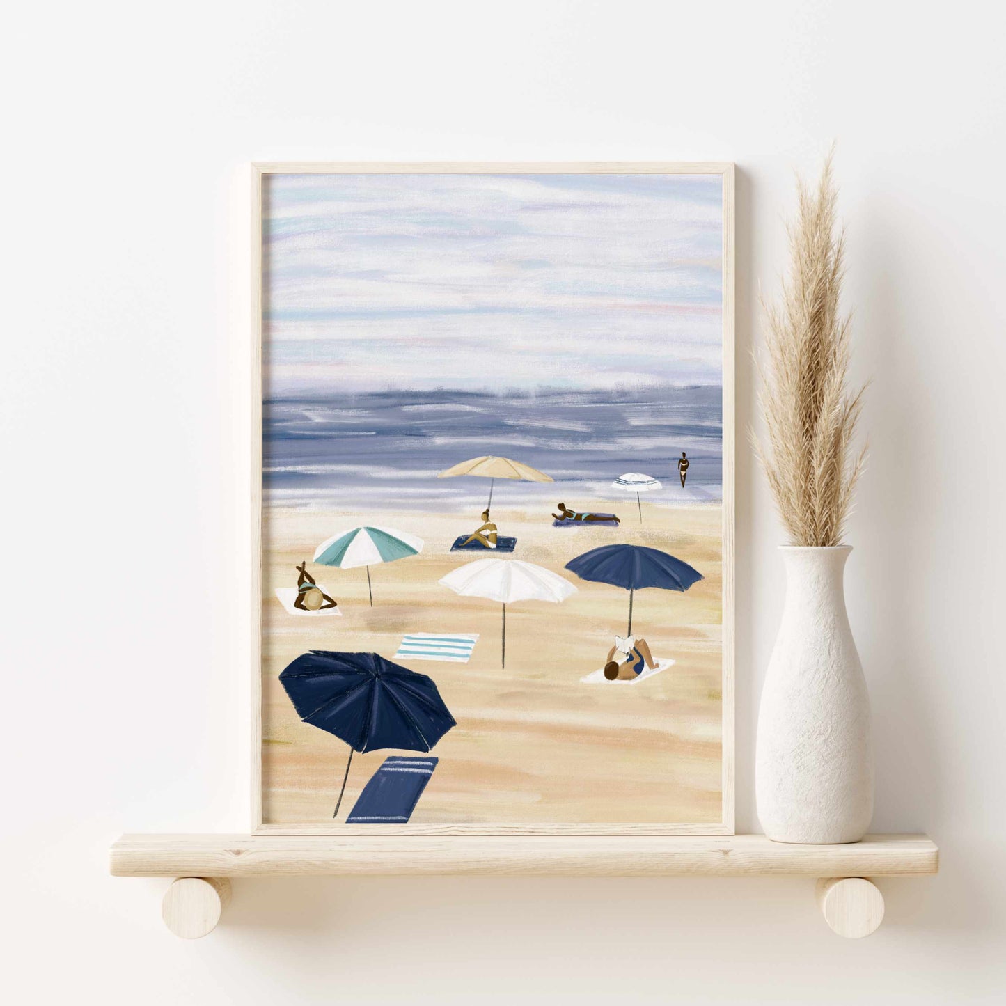 a painting of a beach scene with umbrellas