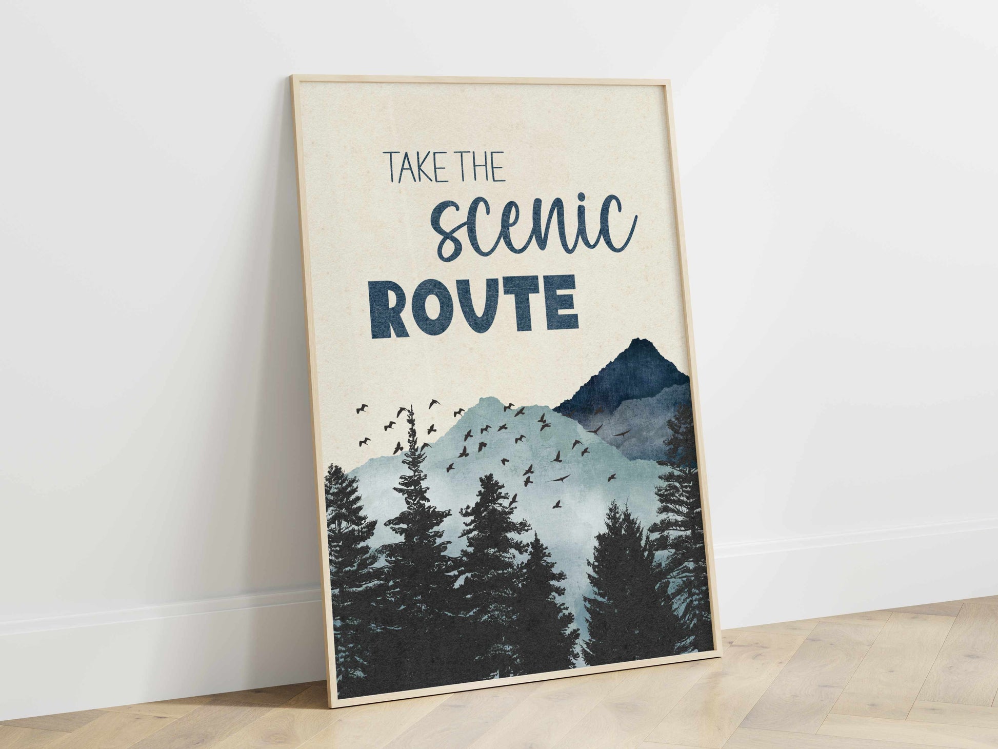 a picture of a mountain scene with the words take the scenic route