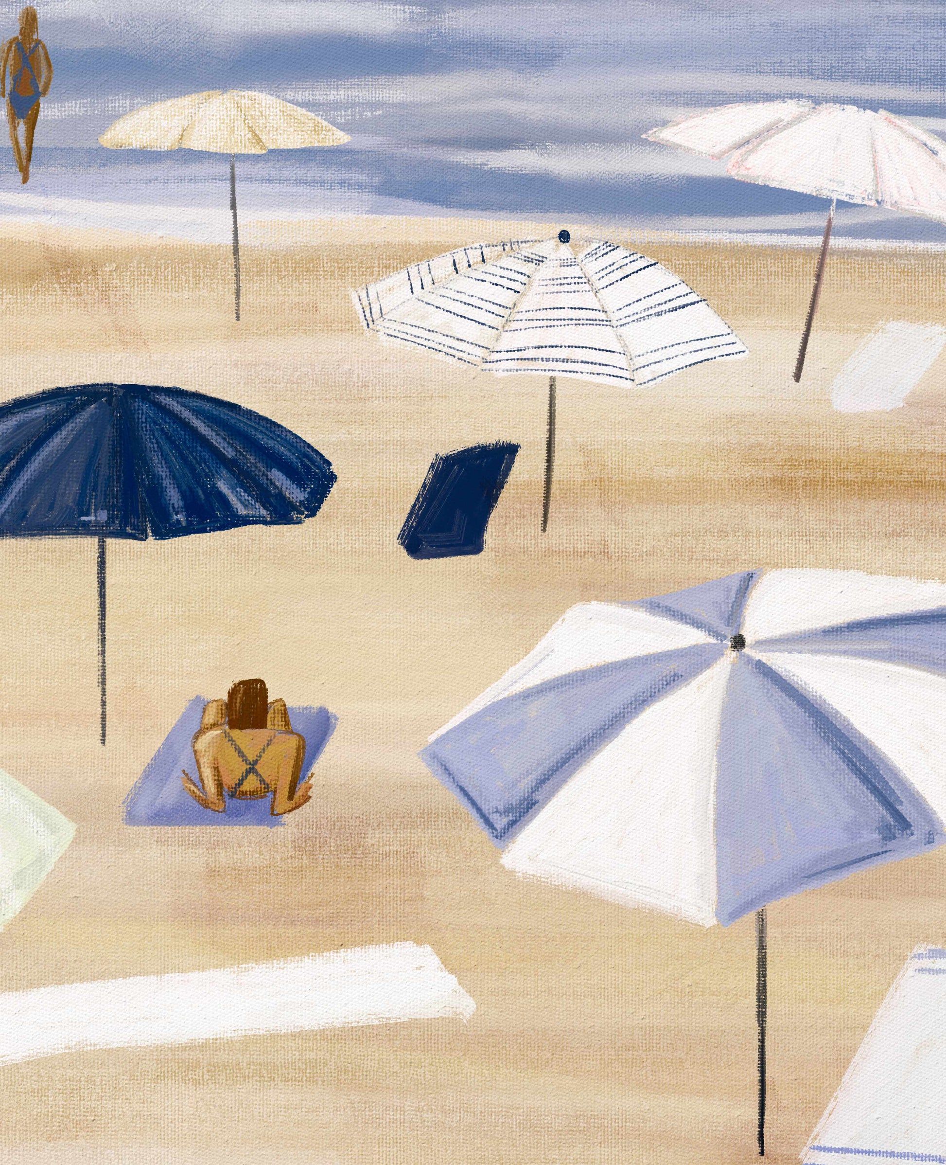 a painting of people sitting on the beach under umbrellas