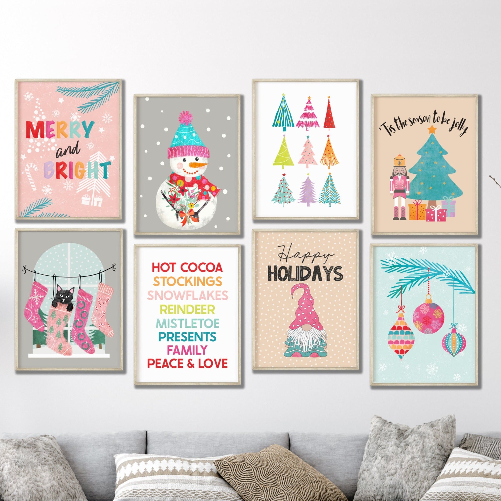 printable pink christmas decor prints set of 8, colorful christmas
