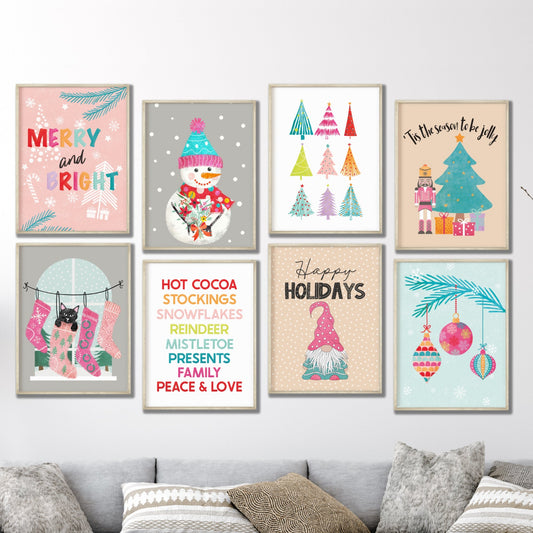 Printable Pink Christmas Decor Prints Set of 8, Colorful Christmas Wall Art, Christmas Decor