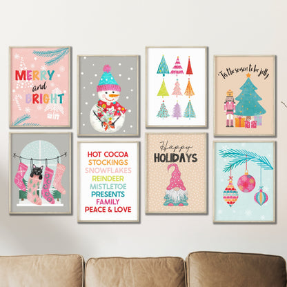 Printable Pink Christmas Decor Prints Set of 8, Colorful Christmas Wall Art, Christmas Decor